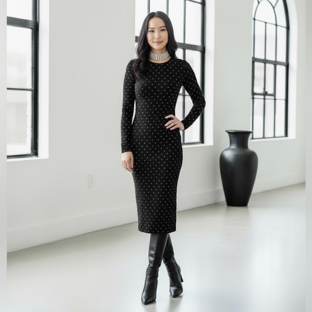 Black elegant Long-Sleeve Rhinestone Dress